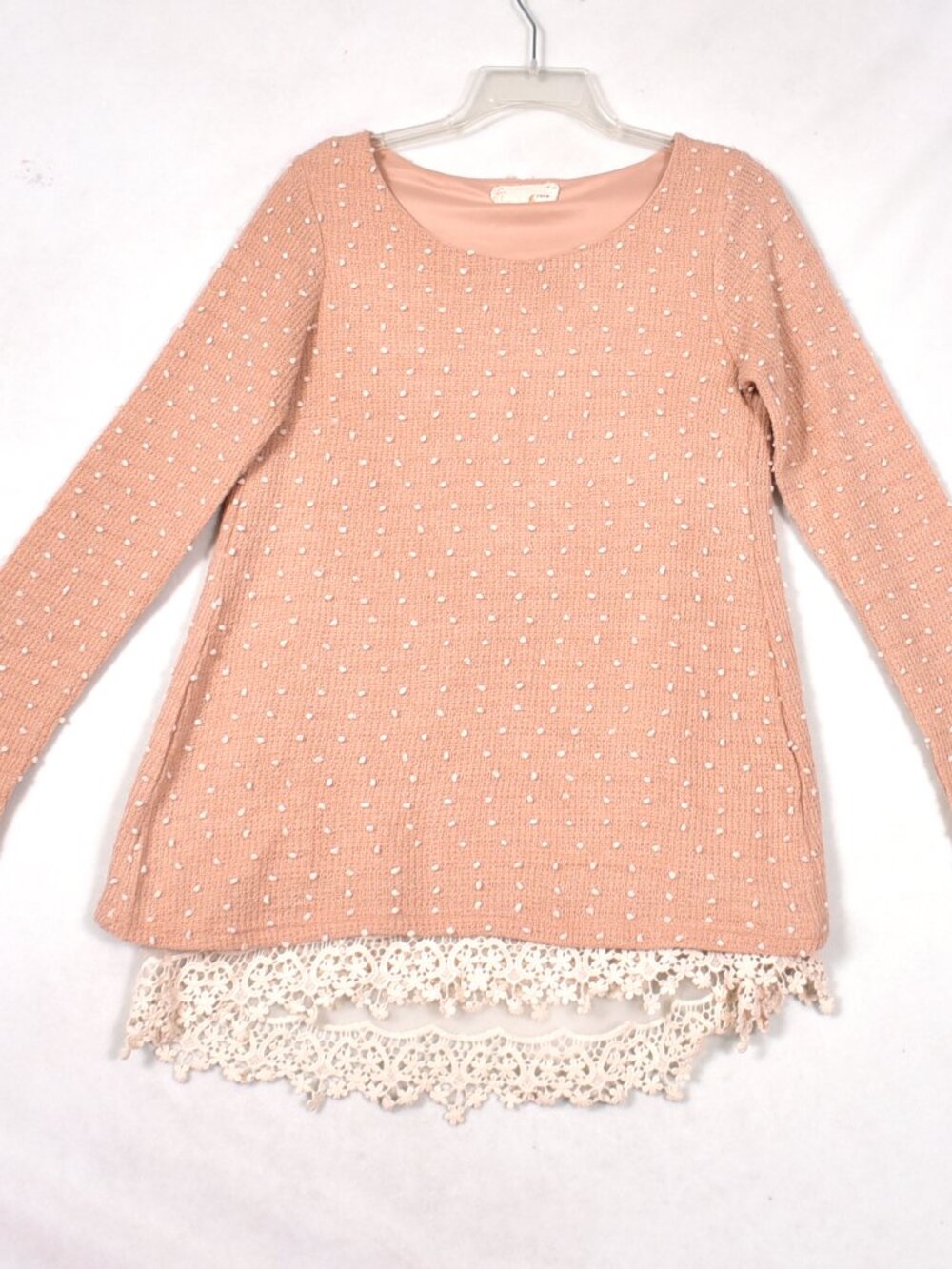A’Reve Women's Peach Solid Long Sleeve Round Neck Open Back Lace Top Sweater S
